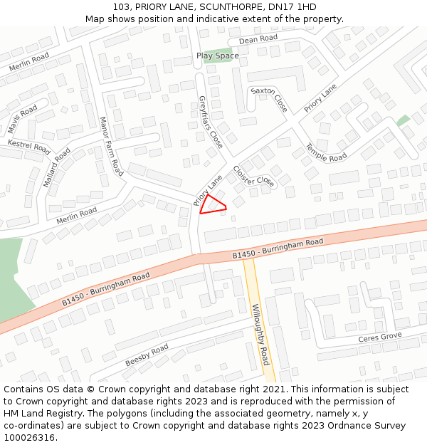 103, PRIORY LANE, SCUNTHORPE, DN17 1HD: Location map and indicative extent of plot