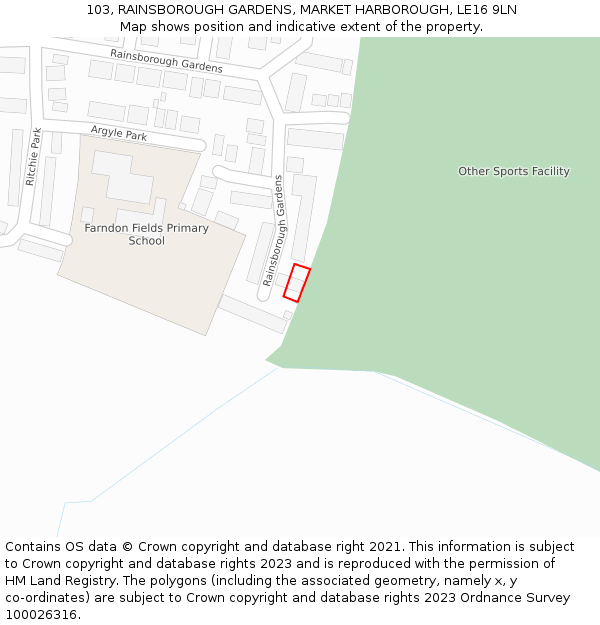 103, RAINSBOROUGH GARDENS, MARKET HARBOROUGH, LE16 9LN: Location map and indicative extent of plot