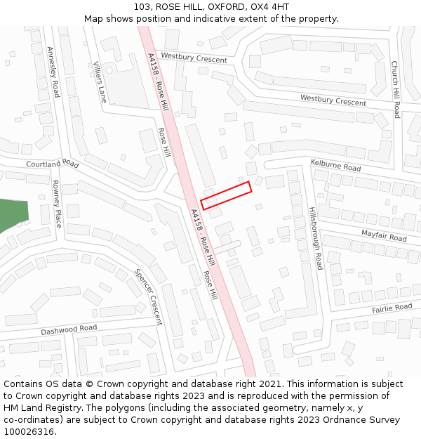 103, ROSE HILL, OXFORD, OX4 4HT: Location map and indicative extent of plot