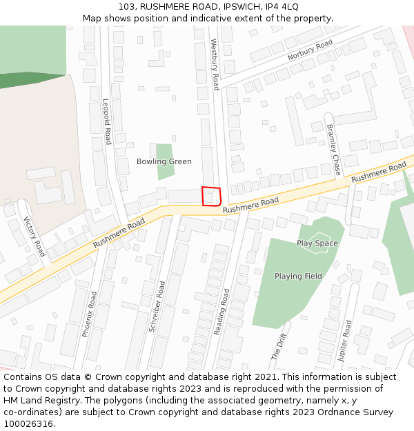 103, RUSHMERE ROAD, IPSWICH, IP4 4LQ: Location map and indicative extent of plot