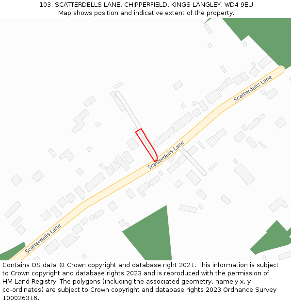 103, SCATTERDELLS LANE, CHIPPERFIELD, KINGS LANGLEY, WD4 9EU: Location map and indicative extent of plot