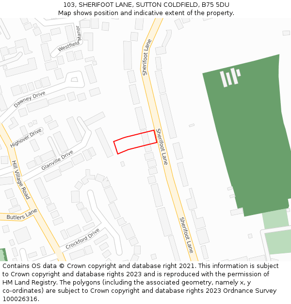 103, SHERIFOOT LANE, SUTTON COLDFIELD, B75 5DU: Location map and indicative extent of plot