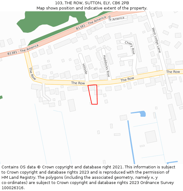 103, THE ROW, SUTTON, ELY, CB6 2PB: Location map and indicative extent of plot