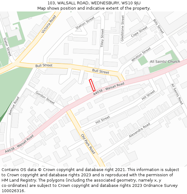 103, WALSALL ROAD, WEDNESBURY, WS10 9JU: Location map and indicative extent of plot