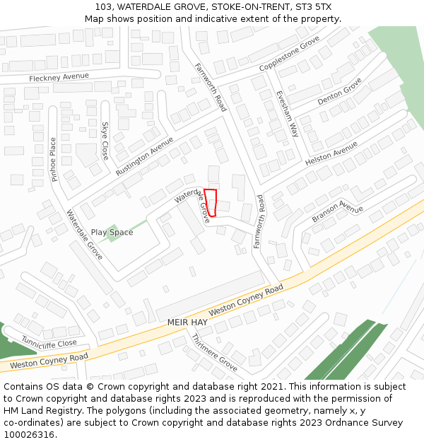103, WATERDALE GROVE, STOKE-ON-TRENT, ST3 5TX: Location map and indicative extent of plot