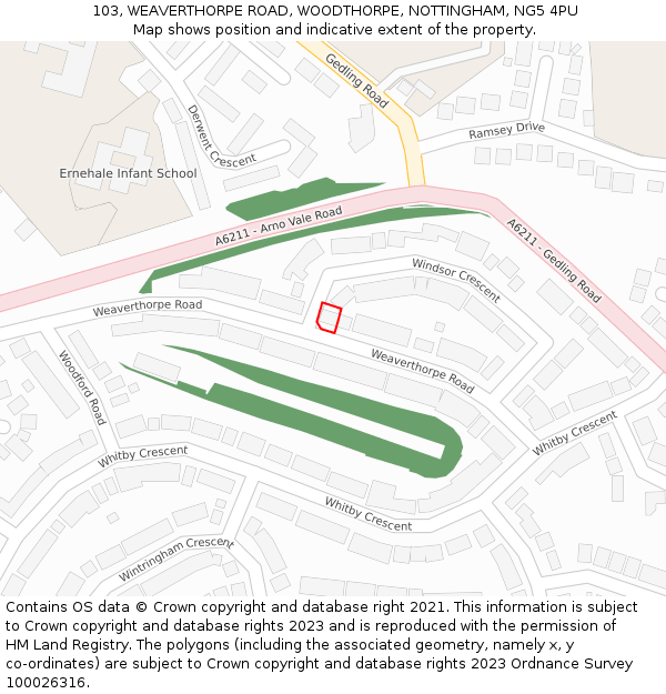 103, WEAVERTHORPE ROAD, WOODTHORPE, NOTTINGHAM, NG5 4PU: Location map and indicative extent of plot