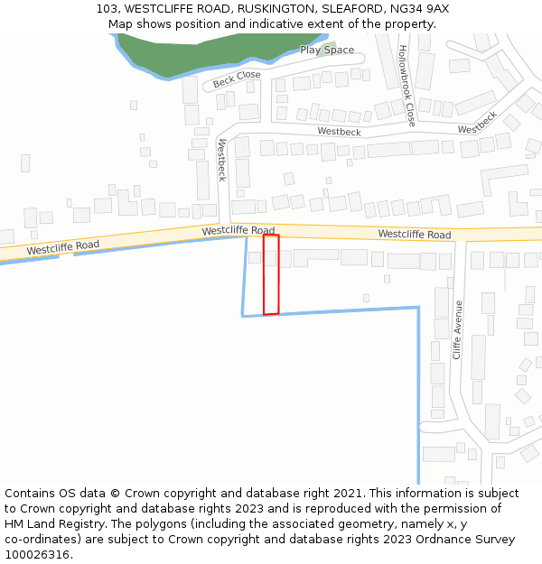 103, WESTCLIFFE ROAD, RUSKINGTON, SLEAFORD, NG34 9AX: Location map and indicative extent of plot