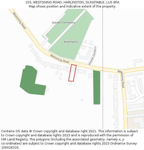 103, WESTONING ROAD, HARLINGTON, DUNSTABLE, LU5 6PA: Location map and indicative extent of plot