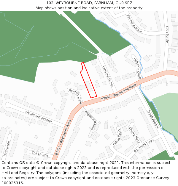 103, WEYBOURNE ROAD, FARNHAM, GU9 9EZ: Location map and indicative extent of plot