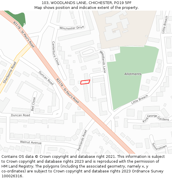 103, WOODLANDS LANE, CHICHESTER, PO19 5PF: Location map and indicative extent of plot