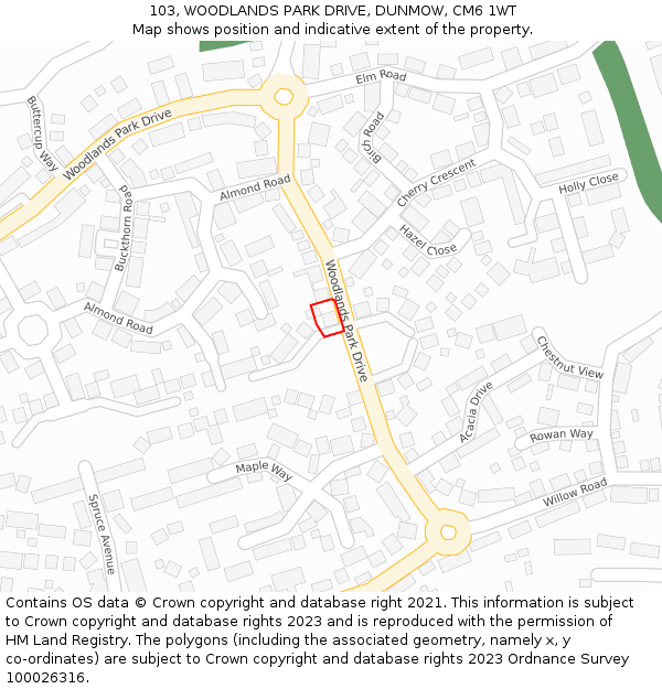 103, WOODLANDS PARK DRIVE, DUNMOW, CM6 1WT: Location map and indicative extent of plot