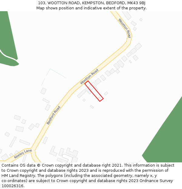 103, WOOTTON ROAD, KEMPSTON, BEDFORD, MK43 9BJ: Location map and indicative extent of plot