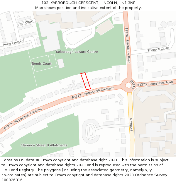 103, YARBOROUGH CRESCENT, LINCOLN, LN1 3NE: Location map and indicative extent of plot