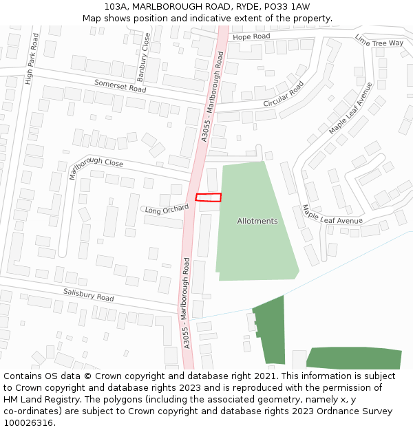 103A, MARLBOROUGH ROAD, RYDE, PO33 1AW: Location map and indicative extent of plot