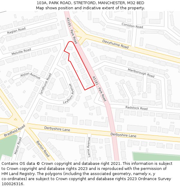 103A, PARK ROAD, STRETFORD, MANCHESTER, M32 8ED: Location map and indicative extent of plot