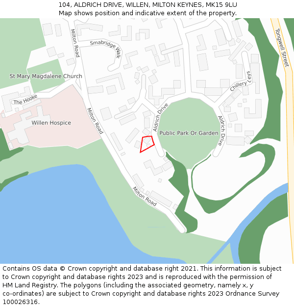 104, ALDRICH DRIVE, WILLEN, MILTON KEYNES, MK15 9LU: Location map and indicative extent of plot