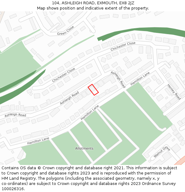 104, ASHLEIGH ROAD, EXMOUTH, EX8 2JZ: Location map and indicative extent of plot