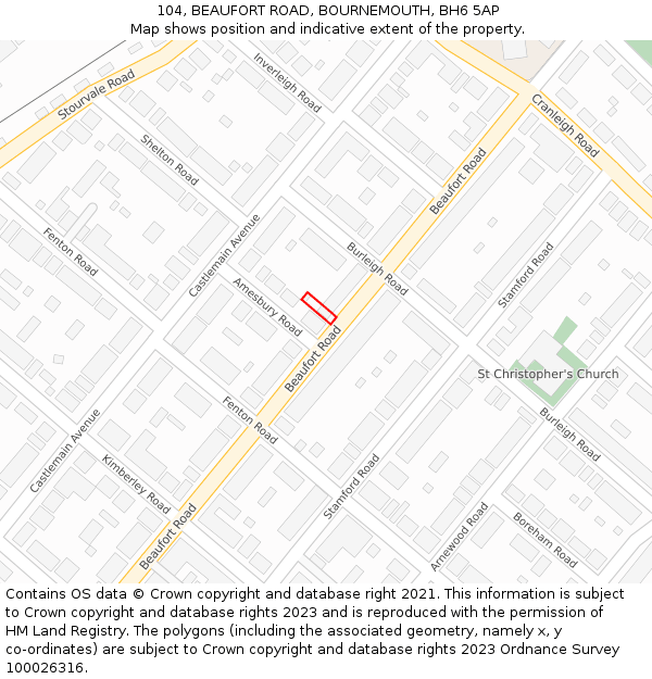 104, BEAUFORT ROAD, BOURNEMOUTH, BH6 5AP: Location map and indicative extent of plot