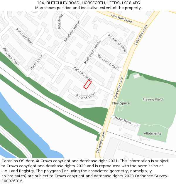 104, BLETCHLEY ROAD, HORSFORTH, LEEDS, LS18 4FG: Location map and indicative extent of plot