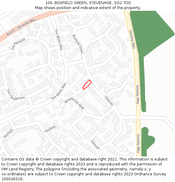 104, BOXFIELD GREEN, STEVENAGE, SG2 7DS: Location map and indicative extent of plot