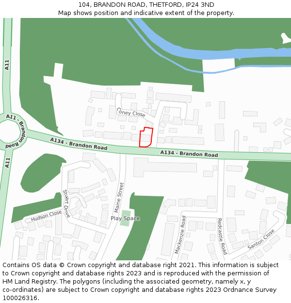 104, BRANDON ROAD, THETFORD, IP24 3ND: Location map and indicative extent of plot