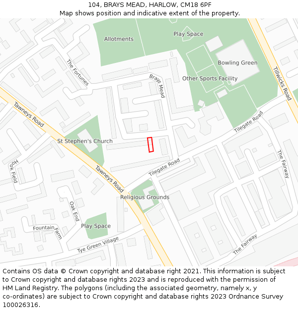 104, BRAYS MEAD, HARLOW, CM18 6PF: Location map and indicative extent of plot