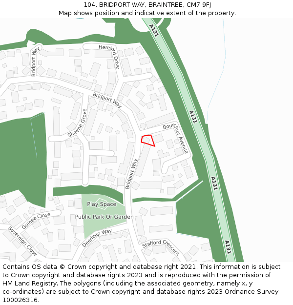 104, BRIDPORT WAY, BRAINTREE, CM7 9FJ: Location map and indicative extent of plot