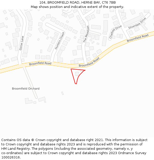 104, BROOMFIELD ROAD, HERNE BAY, CT6 7BB: Location map and indicative extent of plot