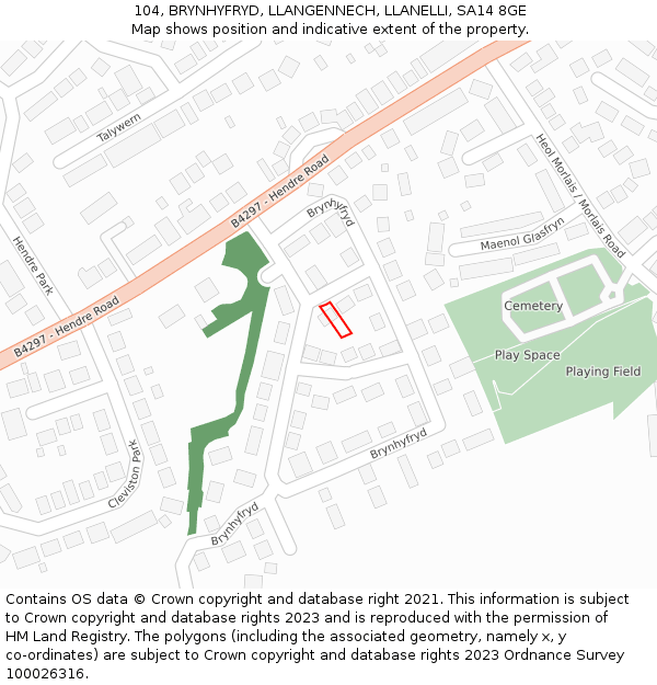 104, BRYNHYFRYD, LLANGENNECH, LLANELLI, SA14 8GE: Location map and indicative extent of plot