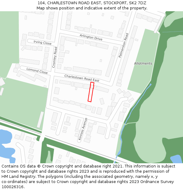 104, CHARLESTOWN ROAD EAST, STOCKPORT, SK2 7DZ: Location map and indicative extent of plot