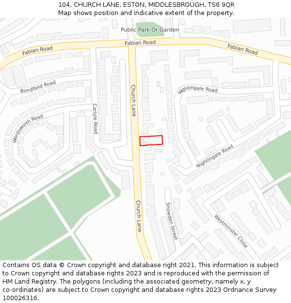 104, CHURCH LANE, ESTON, MIDDLESBROUGH, TS6 9QR: Location map and indicative extent of plot