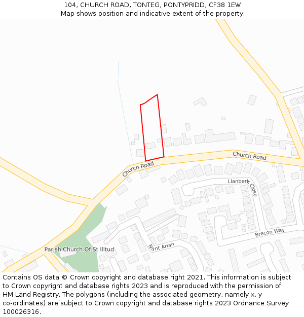 104, CHURCH ROAD, TONTEG, PONTYPRIDD, CF38 1EW: Location map and indicative extent of plot