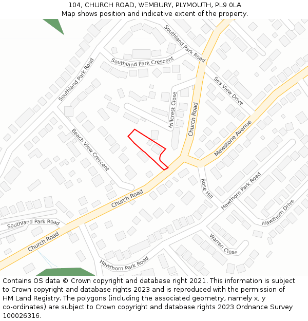 104, CHURCH ROAD, WEMBURY, PLYMOUTH, PL9 0LA: Location map and indicative extent of plot