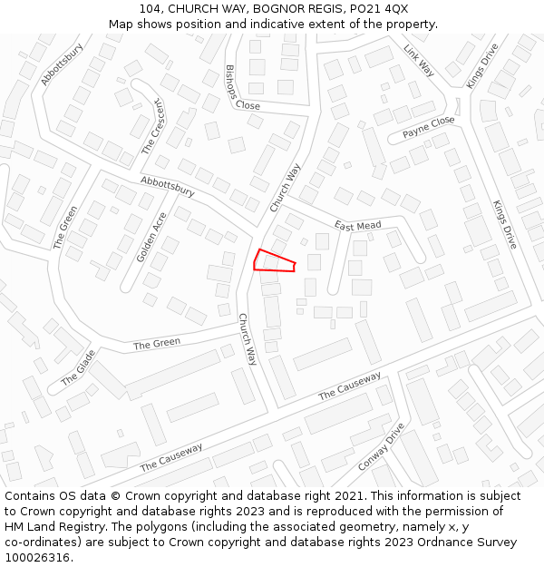 104, CHURCH WAY, BOGNOR REGIS, PO21 4QX: Location map and indicative extent of plot