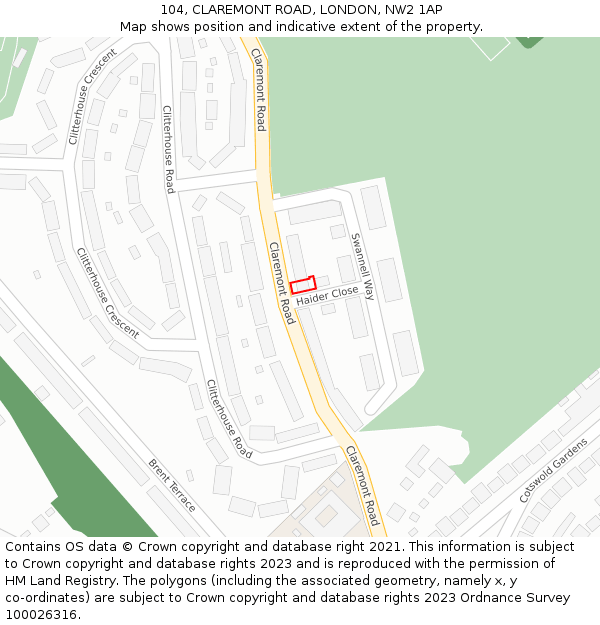 104, CLAREMONT ROAD, LONDON, NW2 1AP: Location map and indicative extent of plot