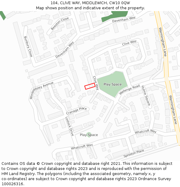 104, CLIVE WAY, MIDDLEWICH, CW10 0QW: Location map and indicative extent of plot