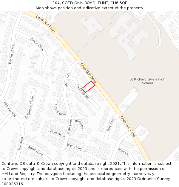 104, COED ONN ROAD, FLINT, CH6 5QE: Location map and indicative extent of plot