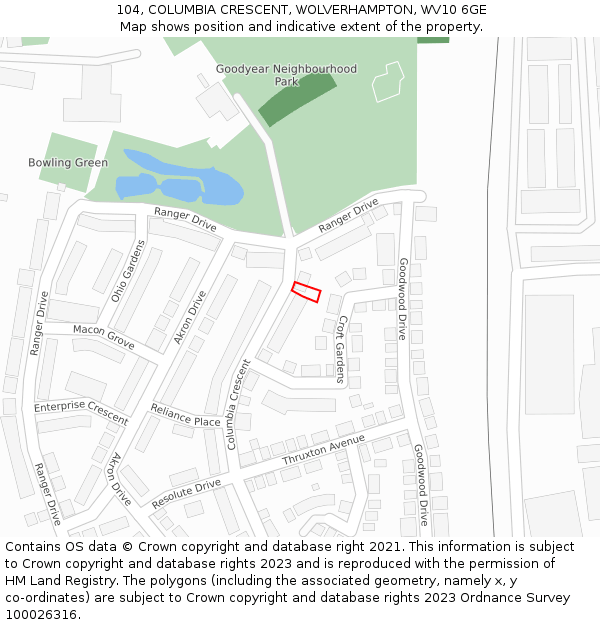 104, COLUMBIA CRESCENT, WOLVERHAMPTON, WV10 6GE: Location map and indicative extent of plot