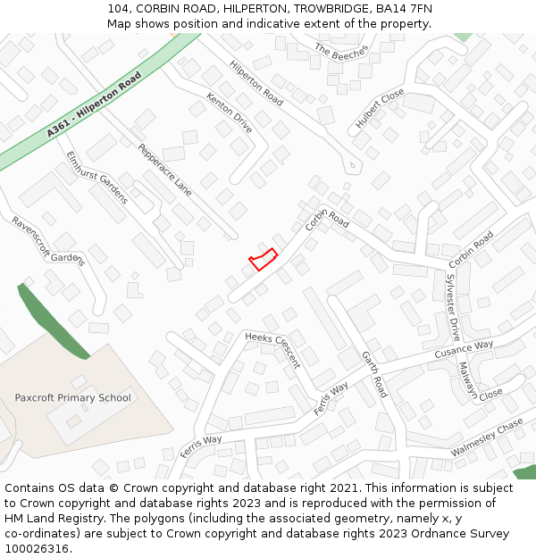 104, CORBIN ROAD, HILPERTON, TROWBRIDGE, BA14 7FN: Location map and indicative extent of plot