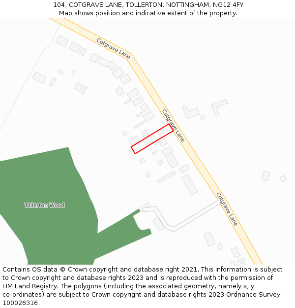 104, COTGRAVE LANE, TOLLERTON, NOTTINGHAM, NG12 4FY: Location map and indicative extent of plot