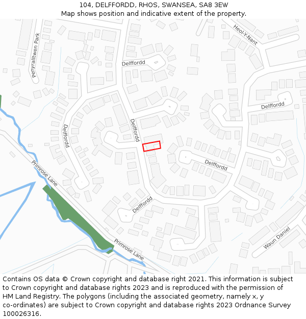 104, DELFFORDD, RHOS, SWANSEA, SA8 3EW: Location map and indicative extent of plot