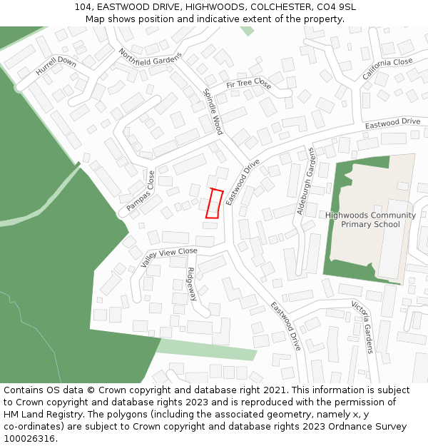 104, EASTWOOD DRIVE, HIGHWOODS, COLCHESTER, CO4 9SL: Location map and indicative extent of plot