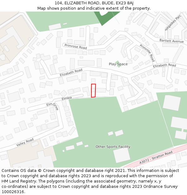 104, ELIZABETH ROAD, BUDE, EX23 8AJ: Location map and indicative extent of plot