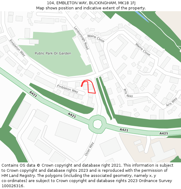 104, EMBLETON WAY, BUCKINGHAM, MK18 1FJ: Location map and indicative extent of plot