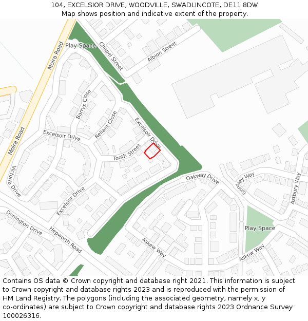 104, EXCELSIOR DRIVE, WOODVILLE, SWADLINCOTE, DE11 8DW: Location map and indicative extent of plot