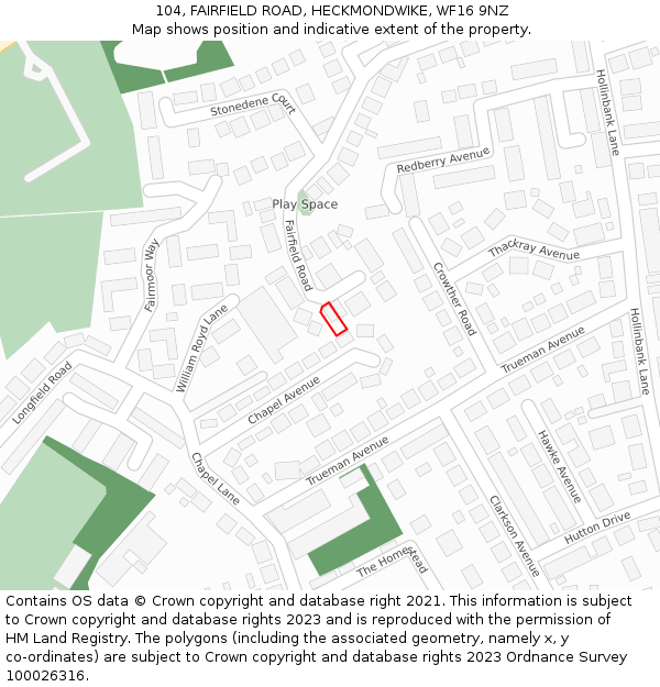 104, FAIRFIELD ROAD, HECKMONDWIKE, WF16 9NZ: Location map and indicative extent of plot