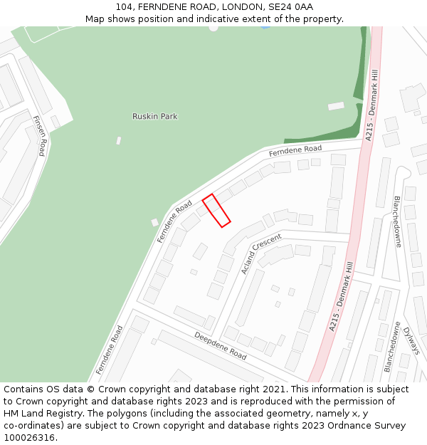 104, FERNDENE ROAD, LONDON, SE24 0AA: Location map and indicative extent of plot