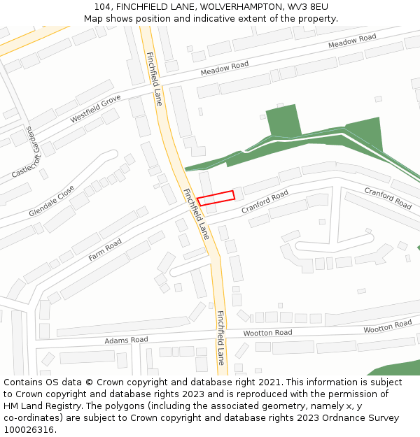 104, FINCHFIELD LANE, WOLVERHAMPTON, WV3 8EU: Location map and indicative extent of plot