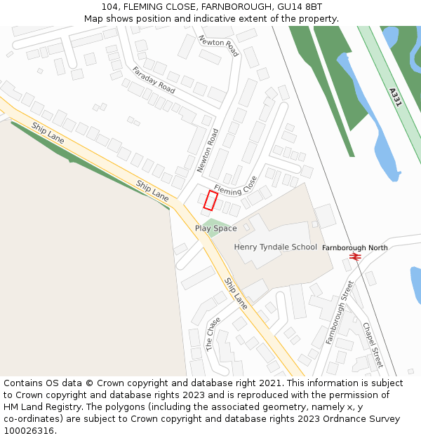 104, FLEMING CLOSE, FARNBOROUGH, GU14 8BT: Location map and indicative extent of plot