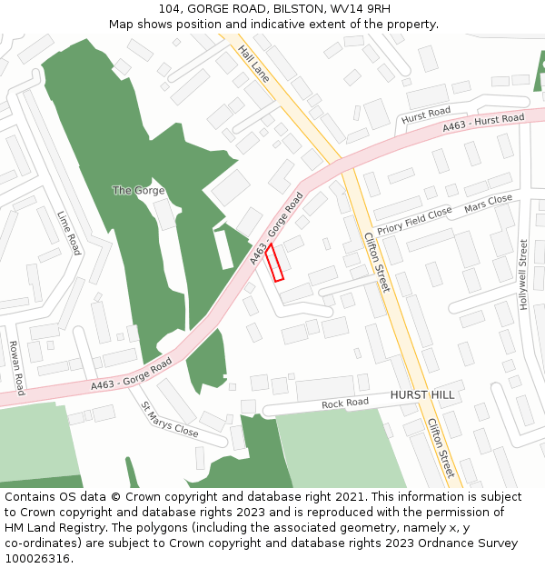 104, GORGE ROAD, BILSTON, WV14 9RH: Location map and indicative extent of plot